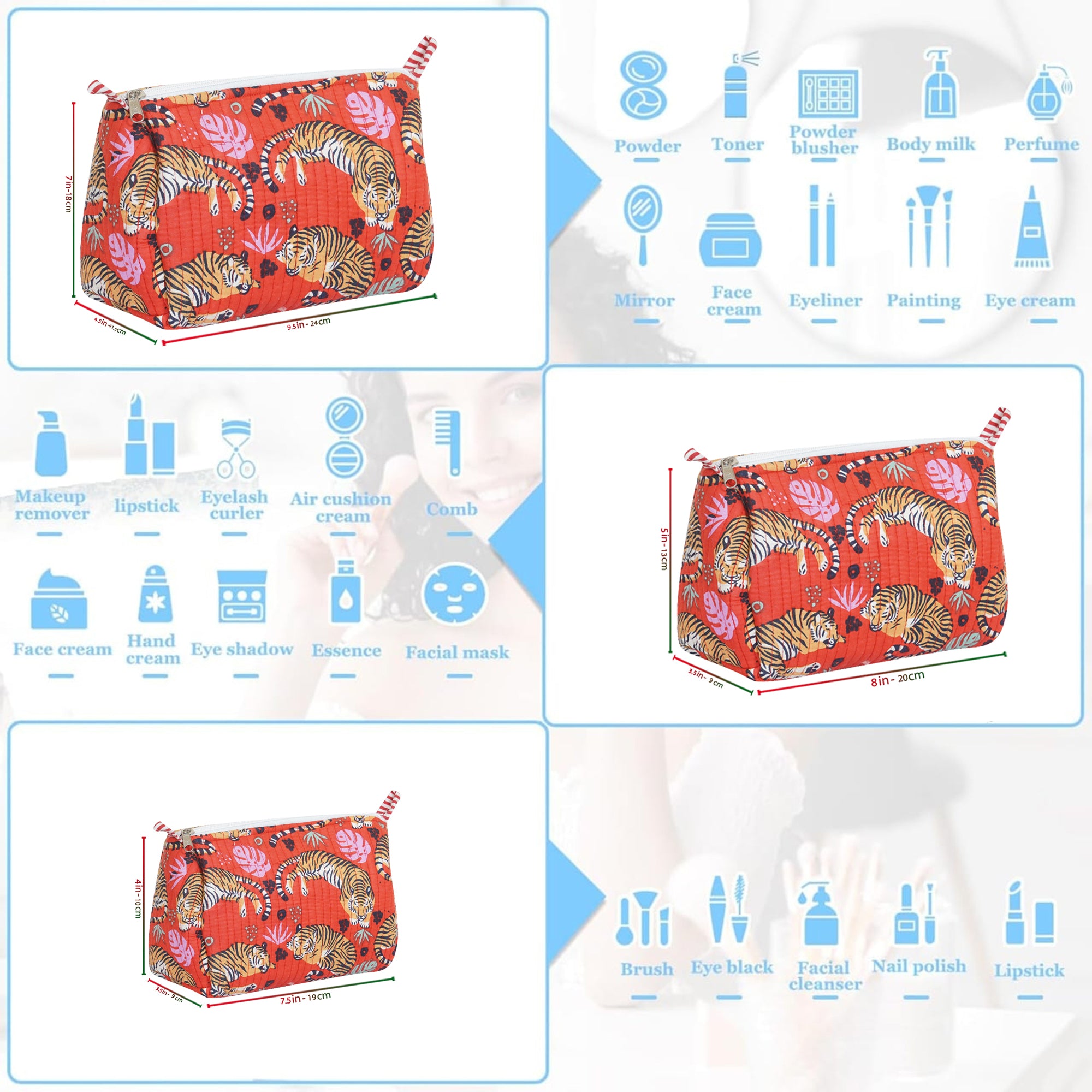 Tiger Print Quilted Utility Bag Set – Set of 3