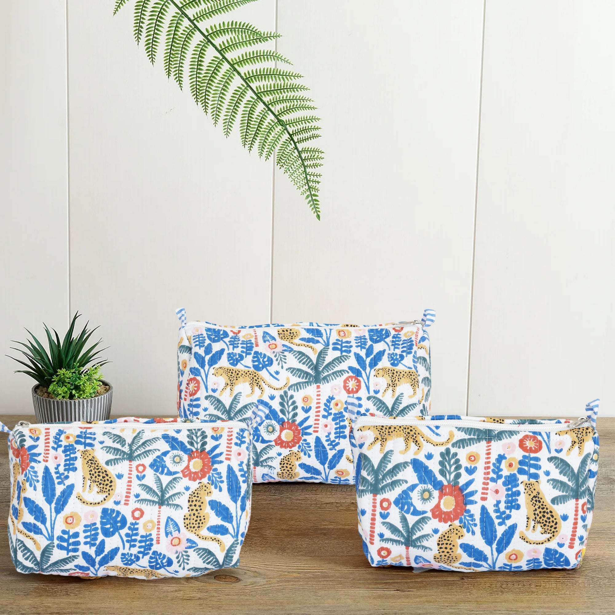 Jungle-leopard Blue Print Quilted Utility Bag Set – Set of 3
