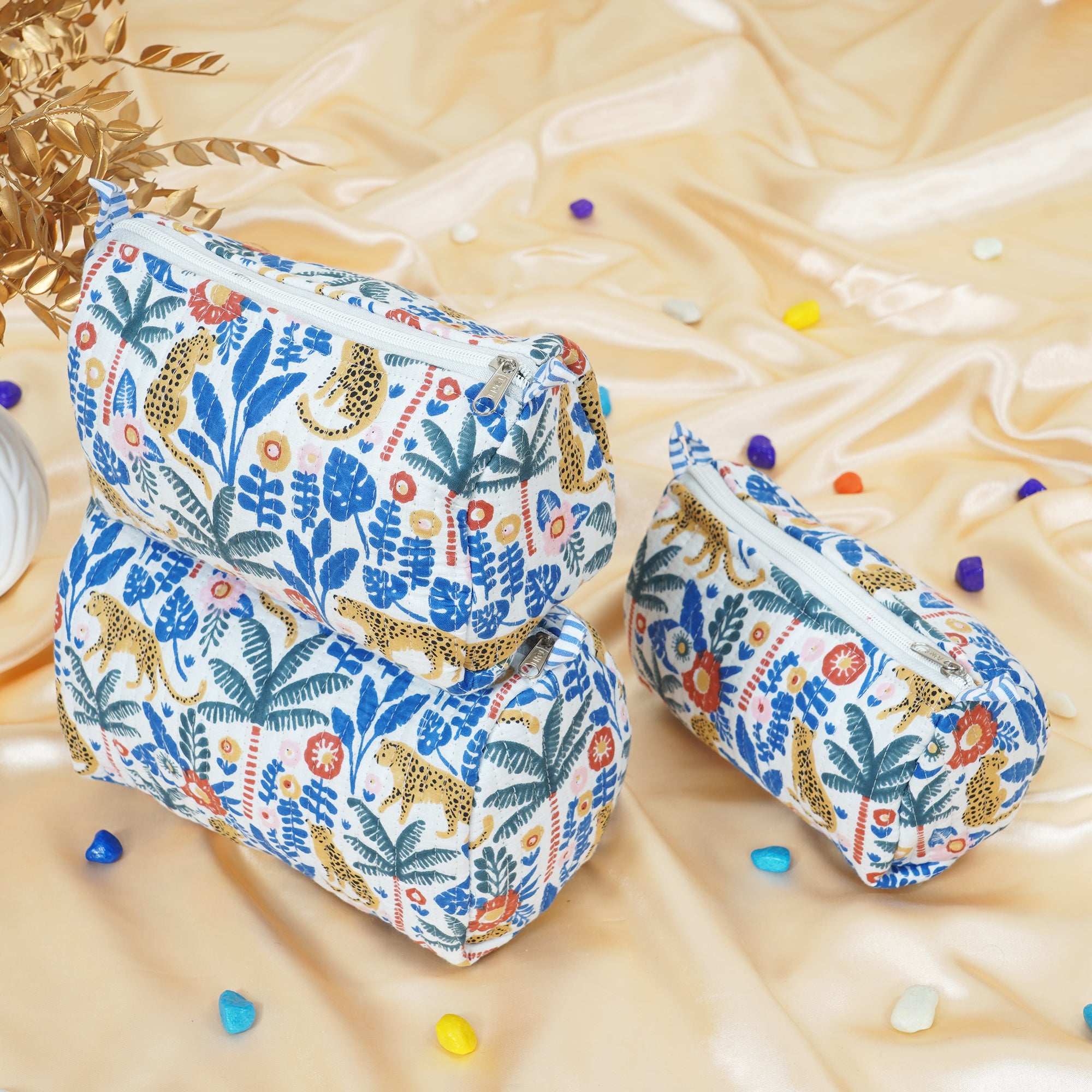 Jungle-leopard Blue Print Quilted Utility Bag Set – Set of 3