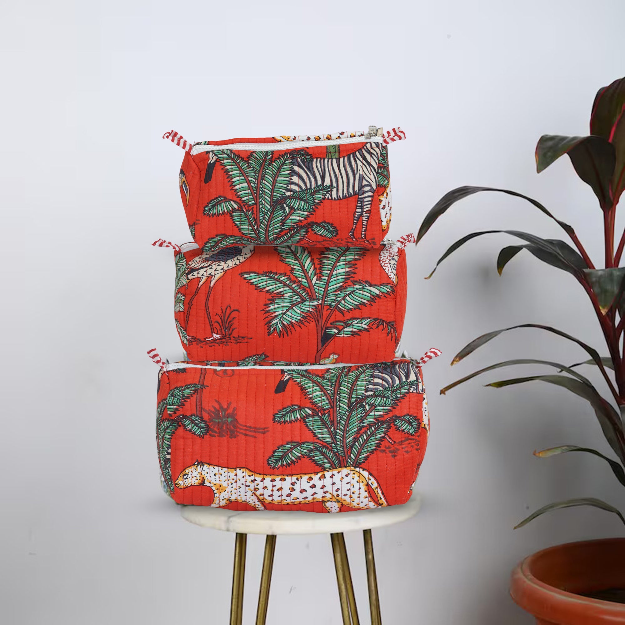 Safari Bloom Red Quilted Utility Bag Set – Set of 3