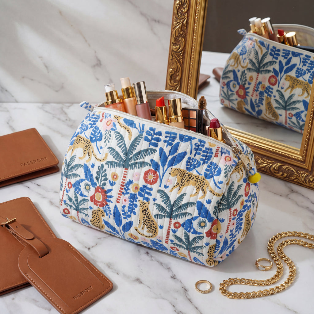 Jungle-leopard Blue Print Quilted Utility Bag Set – Set of 3